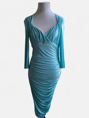 Bodycon Midi Dress in Aqua Blue - Lightweight 3/4 Sleeves Stretchy